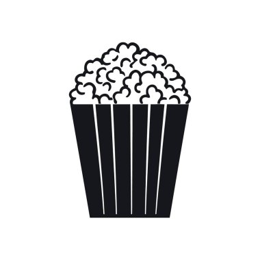 İzole edilmiş vektör silueti, çizgili dizaynlı patlamış mısır dolu bir kap tasvir eder, filmler, atıştırmalıklar veya sinema etkinlikleri için mükemmel bir tasarım. Beyaz arkaplan.