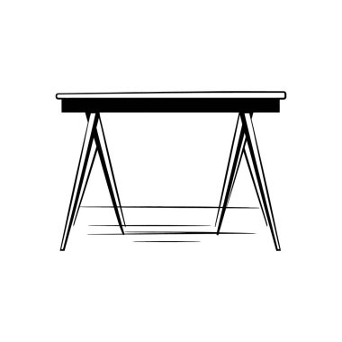 Bir vektör grafiği basit, tek renkli bir ahşap trestle tablo çizimini içerir. Masa siyah çizgilerle betimlenmiştir, beyaz arka planda temiz ve minimalistiktir..