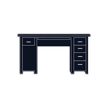 İzole edilmiş koyu mavi masa simgesi. Beyaz arka planda birden fazla çekmece var. Ofis mobilyalarını, çalışma alanını ve minimalist vektör sanatını temsil eder, herhangi bir projeye grafik ayrıntıları ekler.