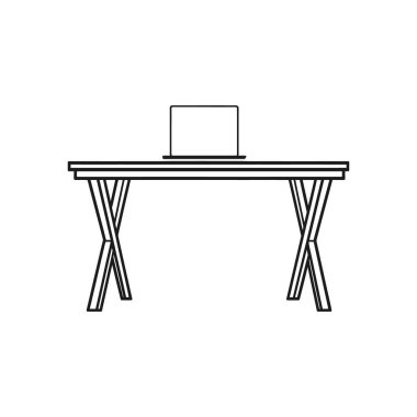 Beyaz arkaplan çizgisi, X şeklinde bacakları olan bir dizüstü bilgisayarın çizimi. Modern ofis mobilyalarının basit temiz çizimi.