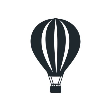 Siyah sıcak hava balonu silueti. Beyaz üzerine izole edilmiş sıcak hava balonunun tek vektör simgesi. Seyahat, macera ve boş zamanı sembolize eder. Grafik tasarım projeleri için ideal.