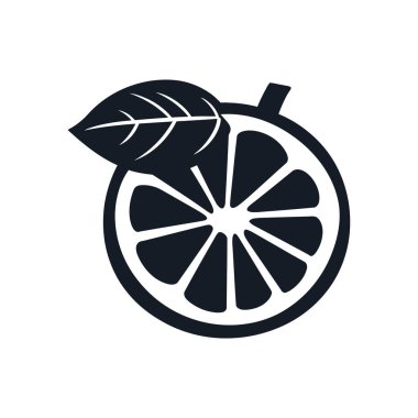 Siyah ve beyaz vektör ikonu, minimalist tasarım ve vektör çizimleri için ideal, temiz beyaz arkaplan üzerinde izole edilmiş, yarım portakal dilimi sergiliyor.