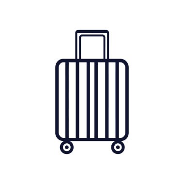 Resimlerde basit, minimalist koyu mavi renkli tekerlekli bir valiz simgesi gösteriliyor. Beyaz arka planda seyahat, turizm, tatil ve bagaj tasarımları için mükemmel..