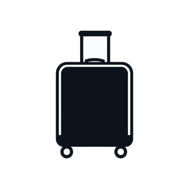 Siyah yuvarlanan bavul vektör simgesi. Kabzası genişletilmiş ve beyaz arka planda dört tekerlek var. Seyahat tasarımları için..