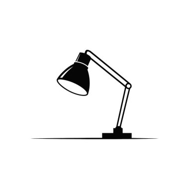 Zarif bir siyah vektör ikonu, koni şeklinde bir gölge, iki kol ve bir kare tabanlı, ayarlanabilir bir masa lambasını bembeyaz bir arkaplan üzerinde gösteriyor..
