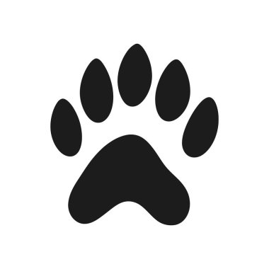 Beyaz arka planda siyah evcil hayvan patisi izi var. Hayvanlarla ilgili tasarımlar, uygulamalar veya pazarlamada kullanılmak üzere hayvan ayak izi içeren düz vektör simgesi tasarımı.