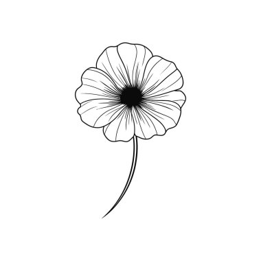 Temiz çizgi çizimi, sapında ilginç ve detaylı bir merkezi olan bir çiçeğin tek bir siyah çizgisi olduğunu gösteriyor. Beyaz arkaplanda izole edilmiş vektör.