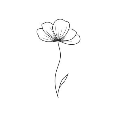 İzole edilmiş minimalist çizimler, tek bir çiçeğin yuvarlak taç yaprakları ve ince bir gövdesi olduğunu gösteriyor. Vektör grafiği temiz çizgiler ve beyaz bir arkaplan gösterir.