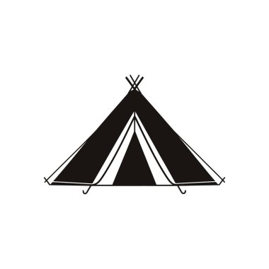 Resimlerde, kamp teması, açık hava maceraları veya seyahat içeriği için ideal, temiz beyaz bir zemin üzerine kurulmuş, minimalist siyah bir çadır silueti yer alıyor..