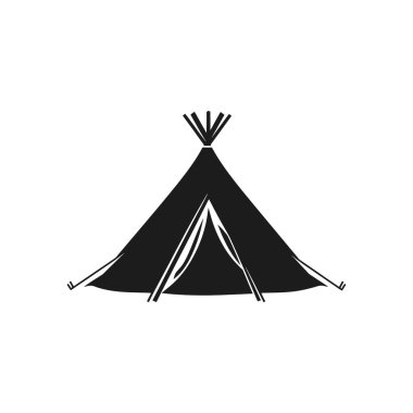 İzole edilmiş bir siyah çadır ikonu, beyaz bir arkaplana merkezi olarak yerleştirilir. Çadır, üstten çıkan direklerle tasvir edilmiş. Kamp konseptini çağrıştırıyor. Minimalist tasarım..