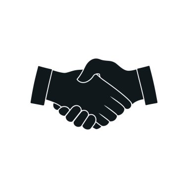 Beyaz arka planda el sıkışmanın izole edilmiş siyah vektör çizimi başarılı bir iş anlaşmasını, anlaşmayı, ortaklığı ve iyi bir işbirliğini temsil ediyor. Minimalist, temiz simge biçimi.