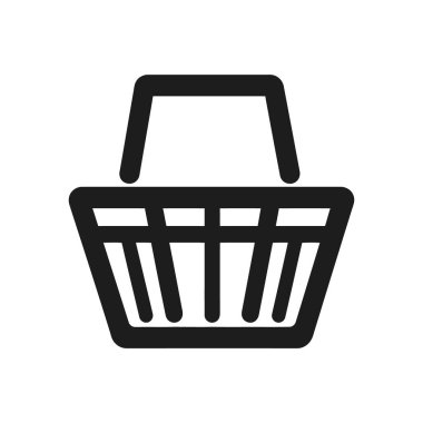 Alış veriş, ticaret, perakende ve çevrimiçi alımı temsil eden beyaz arka planda bir alışveriş sepeti veya market sepeti gösteren minimalist siyah vektör simgesi.
