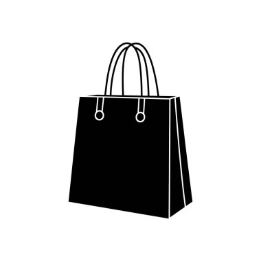 Beyaz arka planda sapları olan parlak siyah bir alışveriş çantası ikonu. Web tasarımı, perakende tanıtımları ve basit grafik projeleri için çok yönlü vektör, alışveriş, satış ve markalaşma.