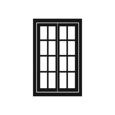 Çeşitli tasarım uygulamaları için ideal, temiz beyaz arkaplan üzerinde sunulan, birden fazla pencereye bölünmüş bir siyah pencere çerçevesini gösteren ayrıntılı vektör simgesi.
