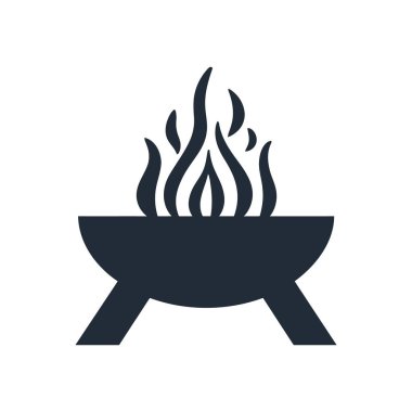 Siyah siluet vektör simgesi beyaz zemin üzerinde alevler olan basit bir bbq ızgarasını gösteriyor. Barbekü partisi, yaz açık hava aktiviteleri, ızgara ve piknik illüstrasyonları..