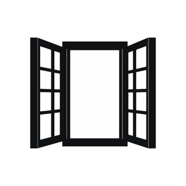 İzole edilmiş vektör çizimi açık pencere tasarımı sunar. İki paneli hafifçe aralık olan, temiz beyaz bir arkaplan üzerine kurulmuş katı siyah bir çerçeve.