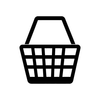 Ağ tasarımı, uygulamaları ve diğer dijital medya projeleri için mükemmel, beyaz bir arkaplan üzerinde temiz bir vektör simgesi olarak sunulan minimal siyah alışveriş sepeti illüstrasyonu.