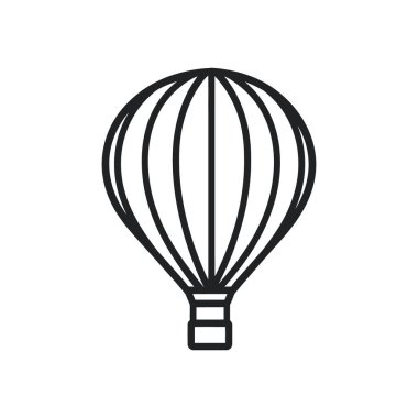 Balonda dikey çizgiler ve altında bir sepet bulunan basit bir tasarım içeren sıcak hava balonu ikonu. Beyaz arkaplan ile izole illüstrasyon.