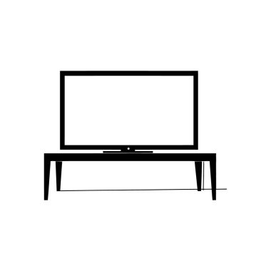 Minimalist tarzda illüstrasyon, konsol masasında duran siyah bir düz ekran televizyonu tasvir eder. Modern ve temiz tasarımlar için beyaz arkaplana sahip vektör simgesi.