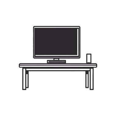 İllülasyon, bir masada oturan bir televizyonun siyah ana hatlı vektör görüntüsünü gösterir. Beyaz arka planda televizyonun yanında küçük bir cihaz oturuyor..