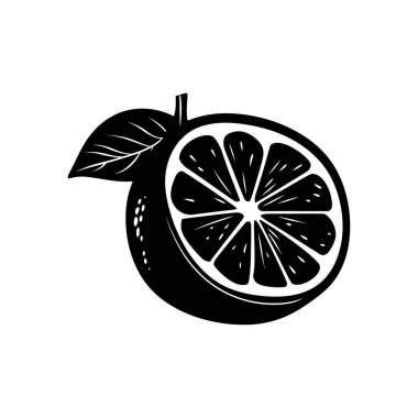 Resimlerde görülebilir bölümleri olan yarım portakal, küçük bir gövde ve iki yaprak gösteriliyor, kalın ve grafik bir şekilde yapılmış. Beyaz arkaplan.