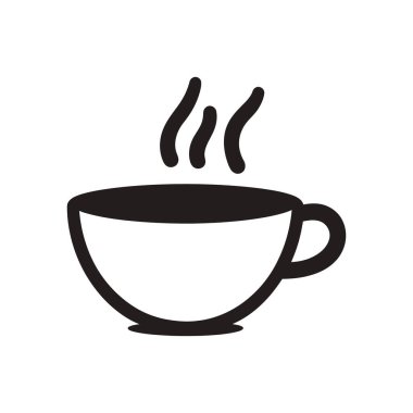 Siyah ve beyaz kahve fincanı ikonunun izole edilmiş, buharı yükselmiş, temiz beyaz arka planda sıcak bir içecek olduğunu gösteriyor. Basit tasarım.