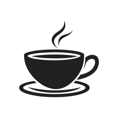 Beyaz arka planda dumanı tüten bir kahve fincanı ve fincan tabağı içeren izole siyah siluet ikonu, basit ama zarif, kahve veya içecekle ilgili tasarımlar için mükemmel..