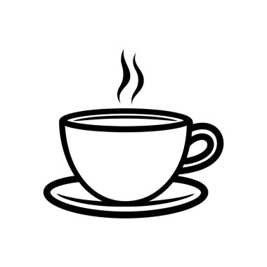 Beyaz arkaplanda siyah çizim, fincan tabağının sapı buharlaşan sıcak bir kahve bardağını gösterir; basitleştirilmiş, temiz tasarım; çok yönlü kullanım için vektör resmi.