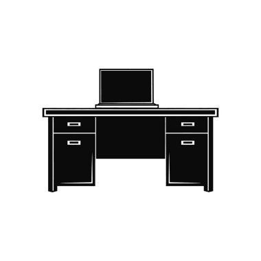 Basit bir monokrom vektör simgesi, üzerinde çekmeceler ve dizüstü bilgisayarı olan bir masayı tasvir eder, hepsi çok yönlü kullanım için temiz beyaz bir arkaplana karşıdır.