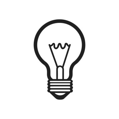 Siyah çizgili klasik akkor bir ampul tasvir eden basit bir vektör simgesi, beyaz arka plan, temiz ve modern tasarım üzerine kurulmuştur..