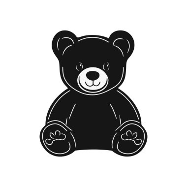 Minimalist siyah ve beyaz vektör grafiği bir oyuncak ayının oturduğu pozisyonda, ileriye bakıyor. Yuvarlak kulaklar ve basit, tatlı bir yüz ifadesi. Beyazda izole edilmiş.