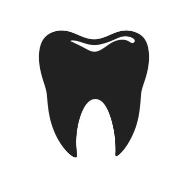 Grafik, dişçiye, sağlığa veya tıbbi koşullara uygun, siyah bir dişle beyaz bir arkaplan üzerinde tasvir edilmiş, minimalist görsel yardıma ihtiyaç duyan tek bir diş tasvir ediyor..