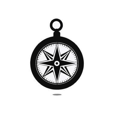 Beyaz arka planı olan siyah bir pusulanın izole edilmiş bir vektör grafiği navigasyon aracı gösterir. Seyahat, yön, macera ve keşfi temiz, basit bir şekilde temsil eder..