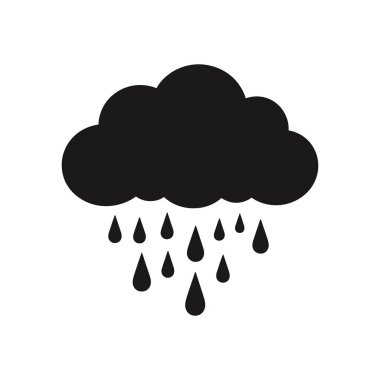 İzole edilmiş vektör grafiği yağmur damlalarının düştüğü basit bir siyah bulut simgesi gösteriyor, temiz beyaz bir zemin üzerine kurulmuş, havayla ilgili tasarım ihtiyaçları için mükemmel..