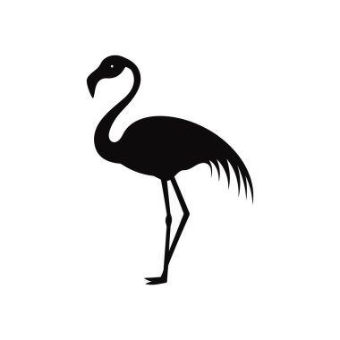 Siyah flamingo ikonu, beyaz bir arkaplanda zarif kuşun basitleştirilmiş, katı bir tasarımını sergiliyor. Yaratıcı projeler, minimal tasarımlar ve vahşi yaşam temaları için ideal.
