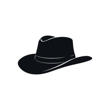 Dekoratif bantlı şık bir kovboy şapkasının izole edilmiş, minimalist siyah silueti, hepsi beyaz arka planda. Vektör simgesi illüstrasyonu.