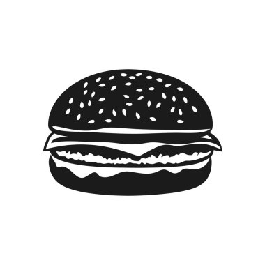 Vektör illüstrasyonunda ekmeğin üzerine susam tohumu sürülmüş kara hamburger. Hamburger ikonu. Beyaz bir arka planda izole edilmiş. Kolay düzenleme ve kullanım için vektör dosyası.