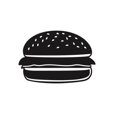 Minimalist siyah-beyaz vektör ikonu, beyaz arka planda susamlı çörek, köfte, marul ve alttaki çörekle tam bir burger gösteriyor. Basit ve modern tasarım.