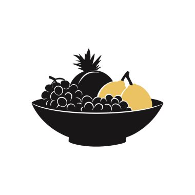 Beyaz arka planda üzüm, şeftali ve armut içeren siyah kâse çizimi. Basit şekillere ve negatif alana odaklı minimalist tasarım, vektör simgesi.