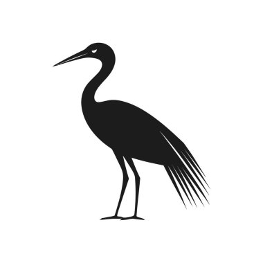 Beyaz arkaplandaki bir balıkçıl siyah vektör simgesi, kuşun stilize edilmiş, zarif bir siluetini gösteriyor, logo ya da grafik tasarım elementleri için mükemmel bir şekilde uygun..