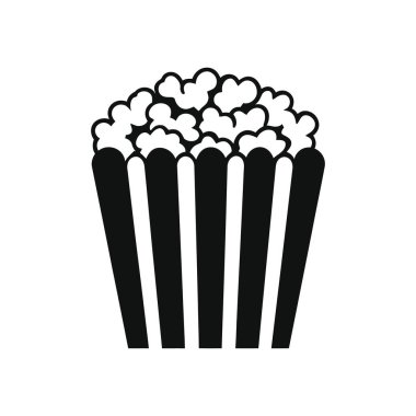 Siyah ve beyaz ikonlar çizgili bir kutudan taşan patlamış mısırları gösteriyor. Atıştırmalıkları, filmleri veya eğlenceyi resmetmek için mükemmel. Beyaz arkaplanda temiz, basit bir vektör.