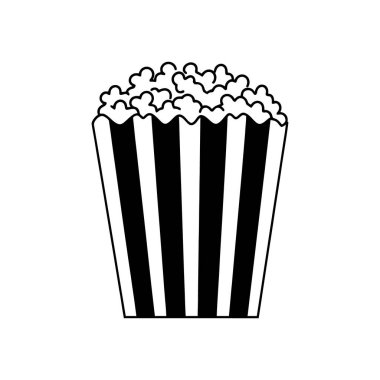 Çizgili patlamış mısır kovasının minimalist vektör simgesi, beyaz arka planda koyu siyah çizgiler ve basit gölgelendirme içeriyor..