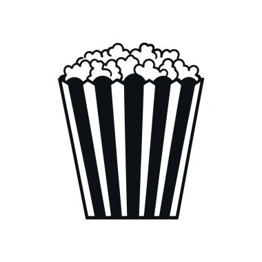 Patlamış mısır ikonu resmi, ağzına kadar patlamış mısırla dolu klasik çizgili bir kova içeriyor. Bu vektör grafiği beyaz arkaplanda görüntülenir.