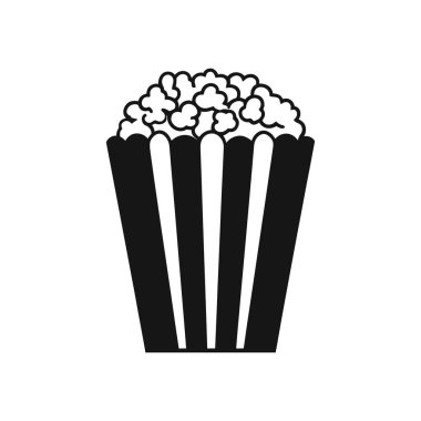 Beyaz arka planda izole edilmiş, çeşitli tasarımlar için uygun, siyah çizgili patlamış mısır dolu bir patlamış mısır kovasının basit siyah vektör çizimi.