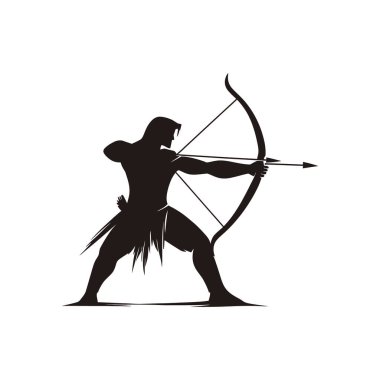 Beyaz bir arka planda yay ve ok atan bir adamın siluet vektör simgesi. Spor, oyun, savaşçı ve avcı teması için mükemmel..