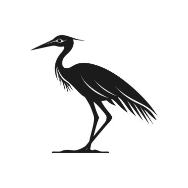 Ayrı grafikler siyah siluet içinde zarif bir şekilde duran stilize edilmiş balıkçıl tasvir ediyor. Basit, zarif vektör görüntüsü beyaz arkaplan üzerine ayarlanır.