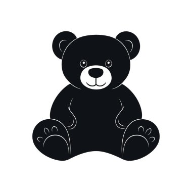 Siyah bir oyuncak ayının izole edilmiş vektörü, bir ikon ya da basit bir grafik olarak dizayn edilmiş. Oturmuş bir poz, yuvarlak şeklini ve detaylı pençe izlerini gösteriyor..