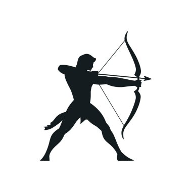Fiyonkta ok çeken bir adamın silüeti. Kaslı okçu figürü sağlam beyaz bir zeminde. Siyah okçu çizimi basit ve etkilidir..
