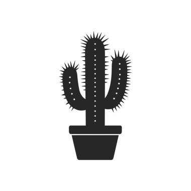 Beyaz arka planda saksı kaktüsünün izole edilmiş vektör ikonu. Ev bitkisinin, çöl bitkisinin ve kurak ortamların sembolü. Basit siyah siluet.
