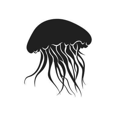 Beyaz arka planda bir denizanası siluetinin ayrıntılı vektör ikonu çizimi. Bu minimalist tasarım çeşitli uygulamalar için uygun, akıcı dokunaçları olan bir deniz hayvanını içerir..